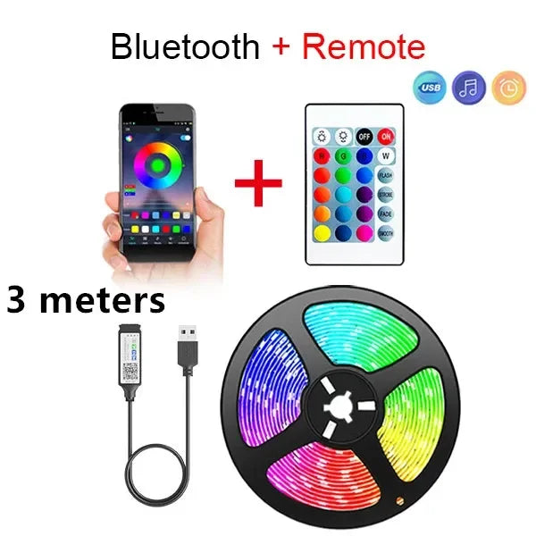Fita de Luz LED RGB USB com App Bluetooth, Modo Música e Mudança de Cores