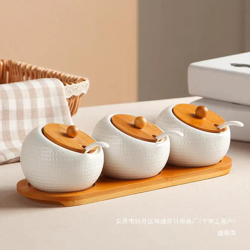 Condiment Organizer Set with Ceramic Jars & Wooden Rack