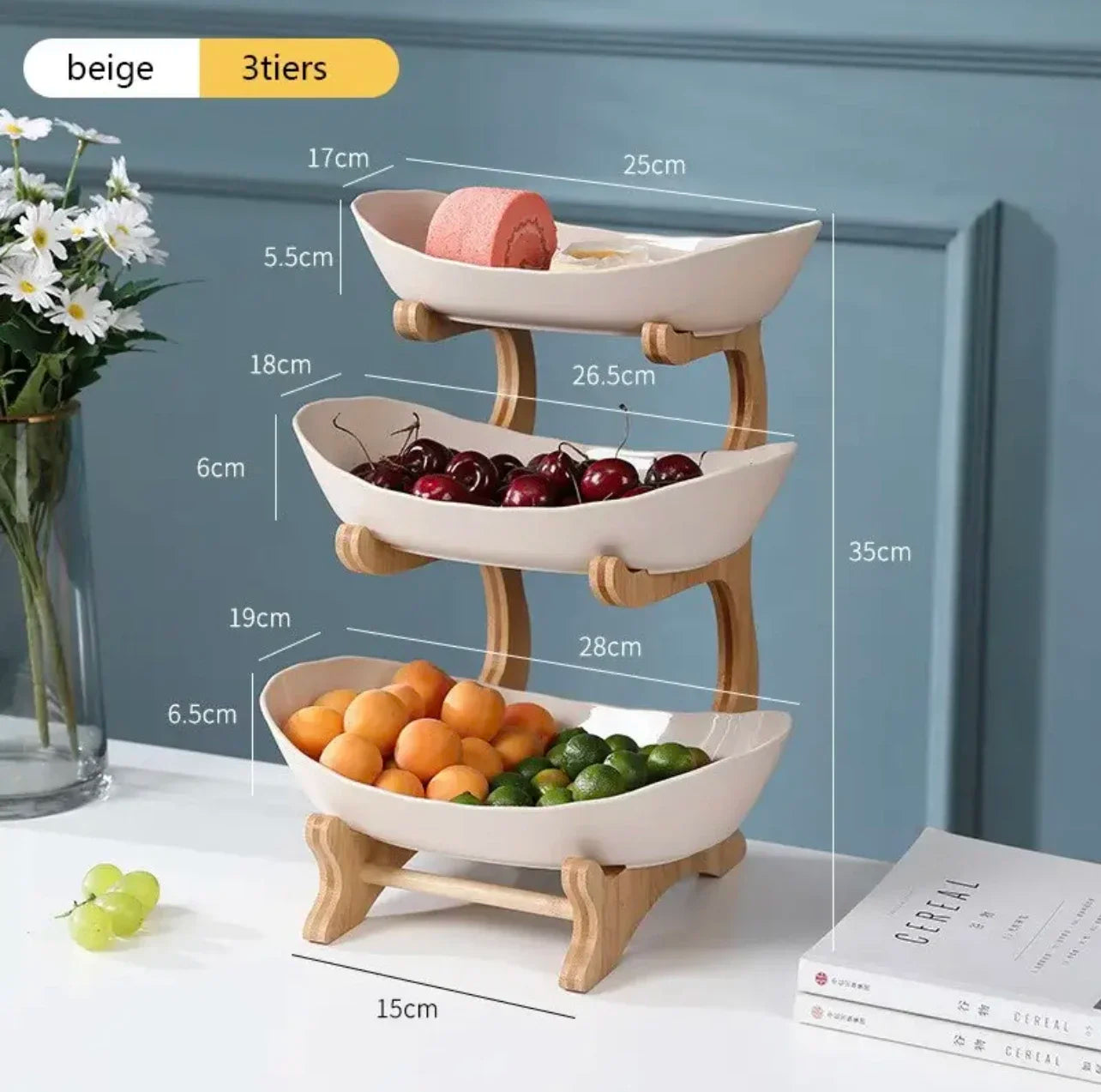 Tiered Fruit Bowl with Wooden Stand