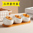 Condiment Organizer Set with Ceramic Jars & Wooden Rack