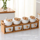 Condiment Organizer Set with Ceramic Jars & Wooden Rack