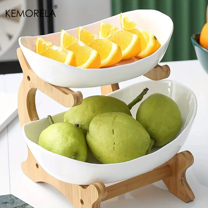 Tiered Fruit Bowl with Wooden Stand