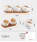 Condiment Organizer Set with Ceramic Jars & Wooden Rack