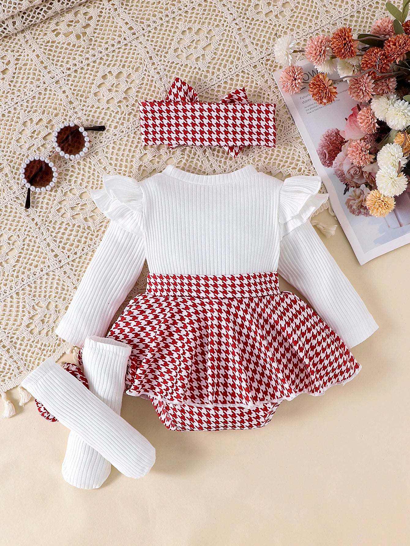 Baby Girl Romper Dress Set (Houndstooth) – 3 Pieces