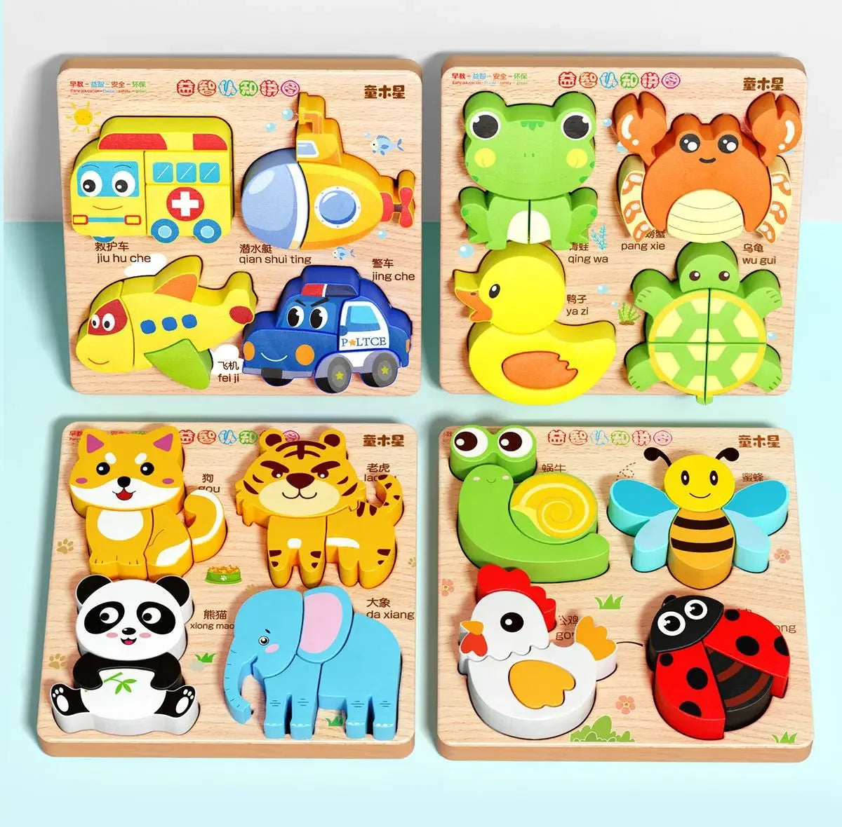 4-in-1 Wooden Montessori Puzzle (3D + Shapes + Numbers)