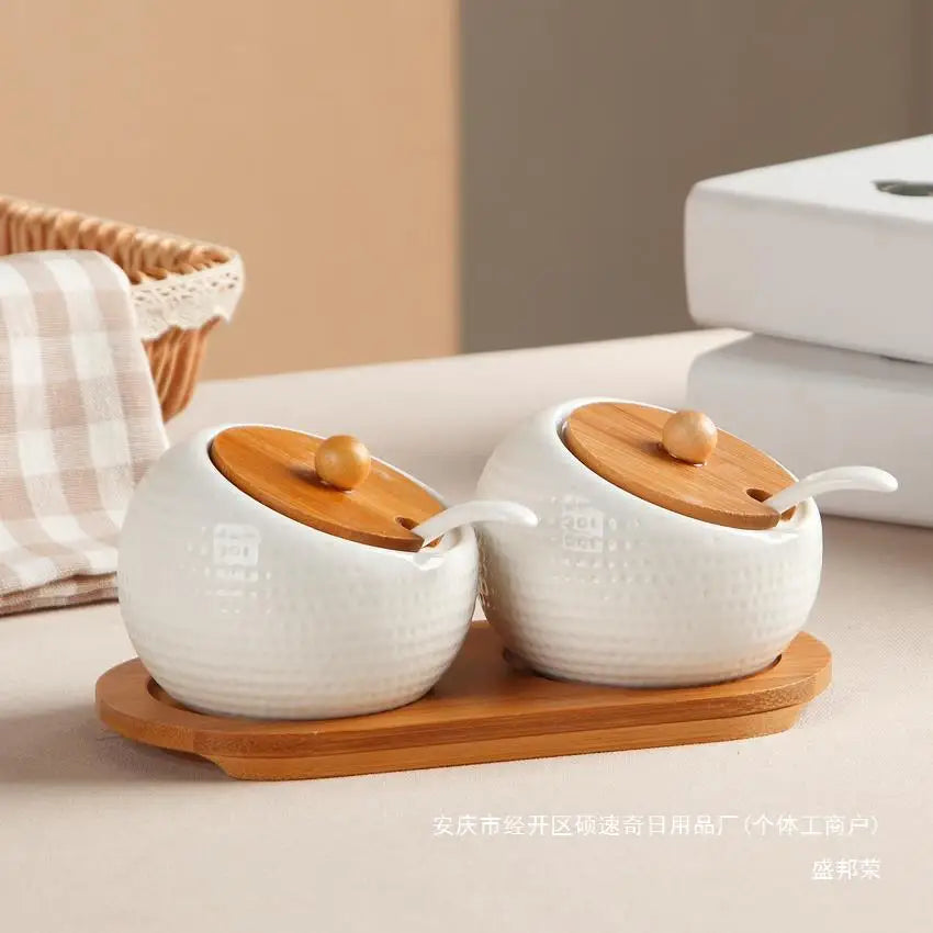 Condiment Organizer Set with Ceramic Jars & Wooden Rack