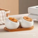 Condiment Organizer Set with Ceramic Jars & Wooden Rack