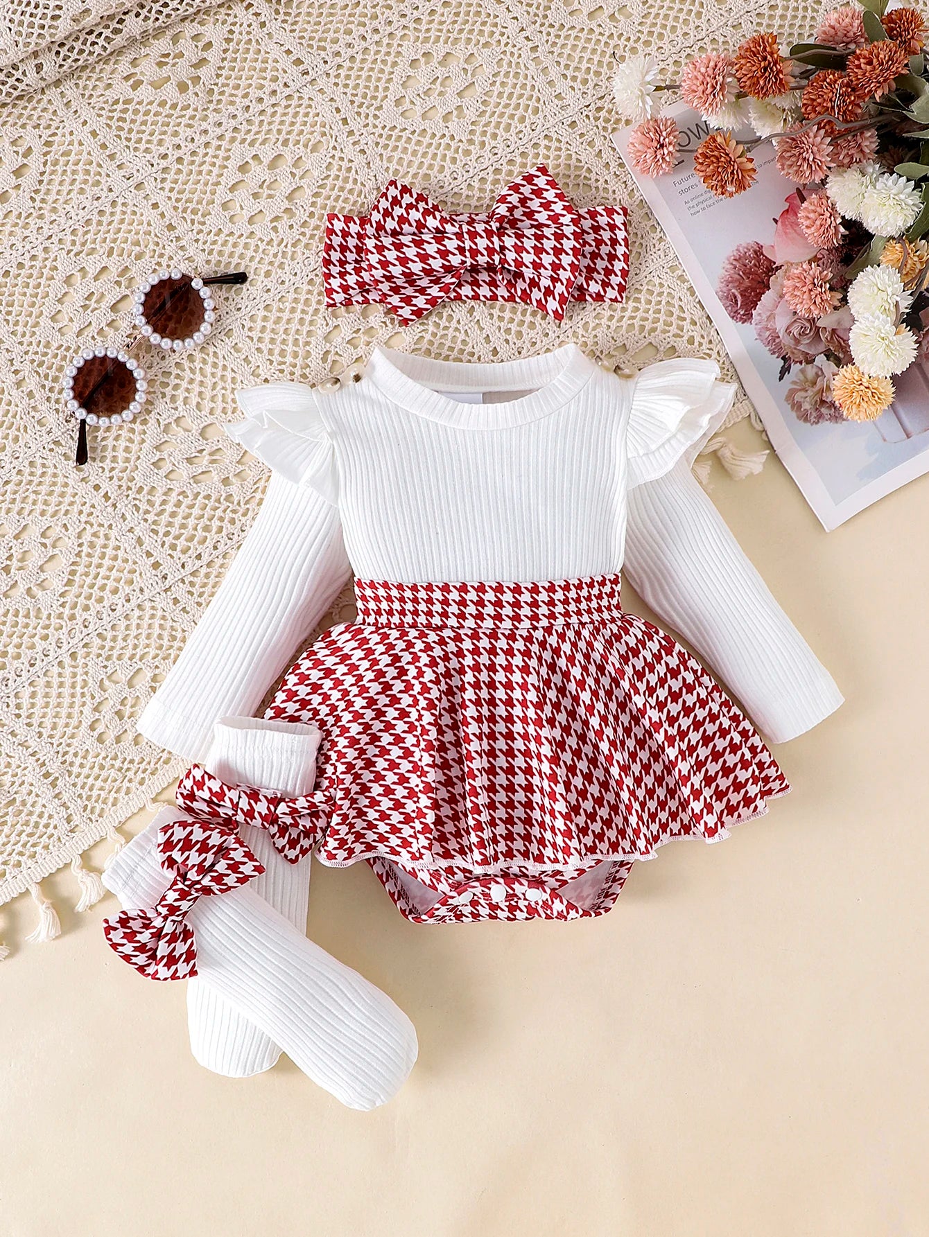 Baby Girl Romper Dress Set (Houndstooth) – 3 Pieces