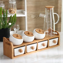 Condiment Organizer Set with Ceramic Jars & Wooden Rack