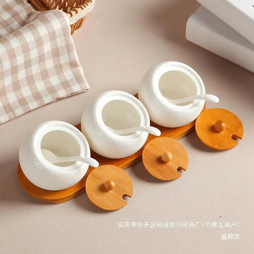Condiment Organizer Set with Ceramic Jars & Wooden Rack