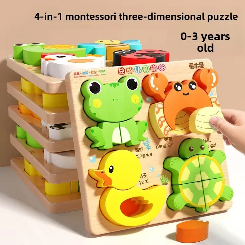 4-in-1 Wooden Montessori Puzzle (3D + Shapes + Numbers)