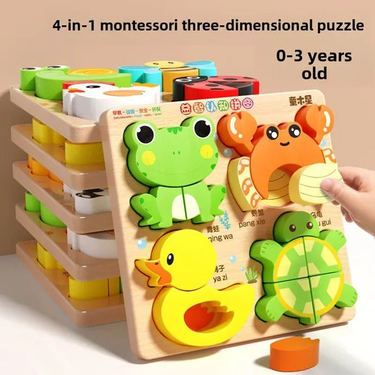 4-in-1 Wooden Montessori Puzzle (3D + Shapes + Numbers)