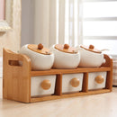 Condiment Organizer Set with Ceramic Jars & Wooden Rack