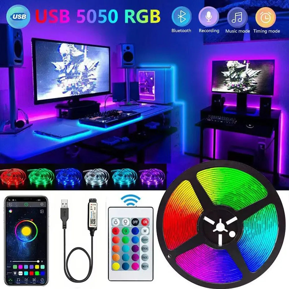 Fita de Luz LED RGB USB com App Bluetooth, Modo Música e Mudança de Cores