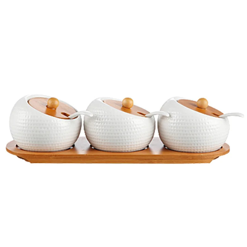 Condiment Organizer Set with Ceramic Jars & Wooden Rack