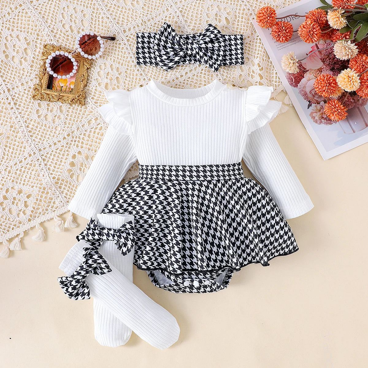 Baby Girl Romper Dress Set (Houndstooth) – 3 Pieces