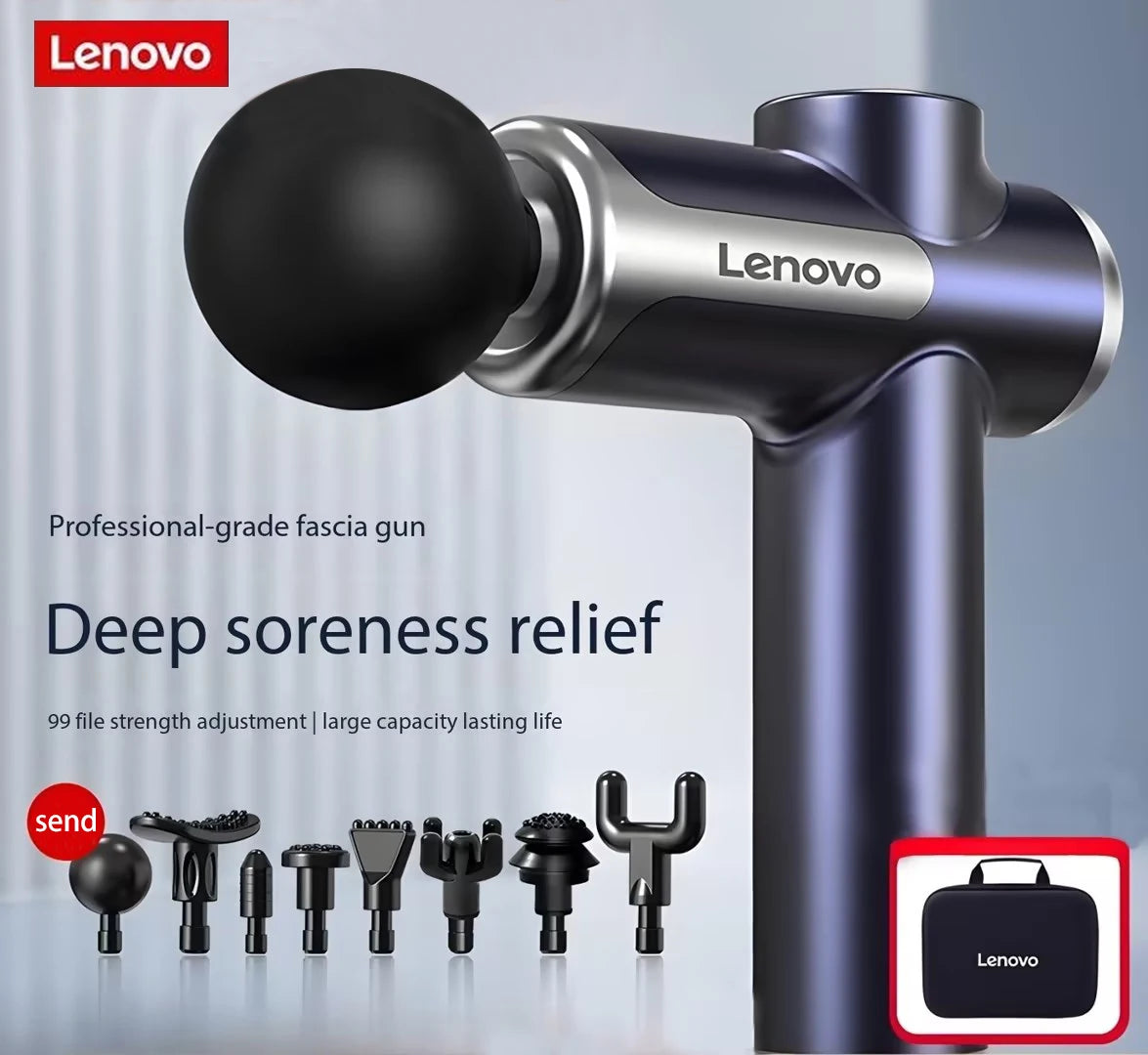 Pistola de Massagem Lenovo com Múltiplos Acessórios e Níveis de Intensidade