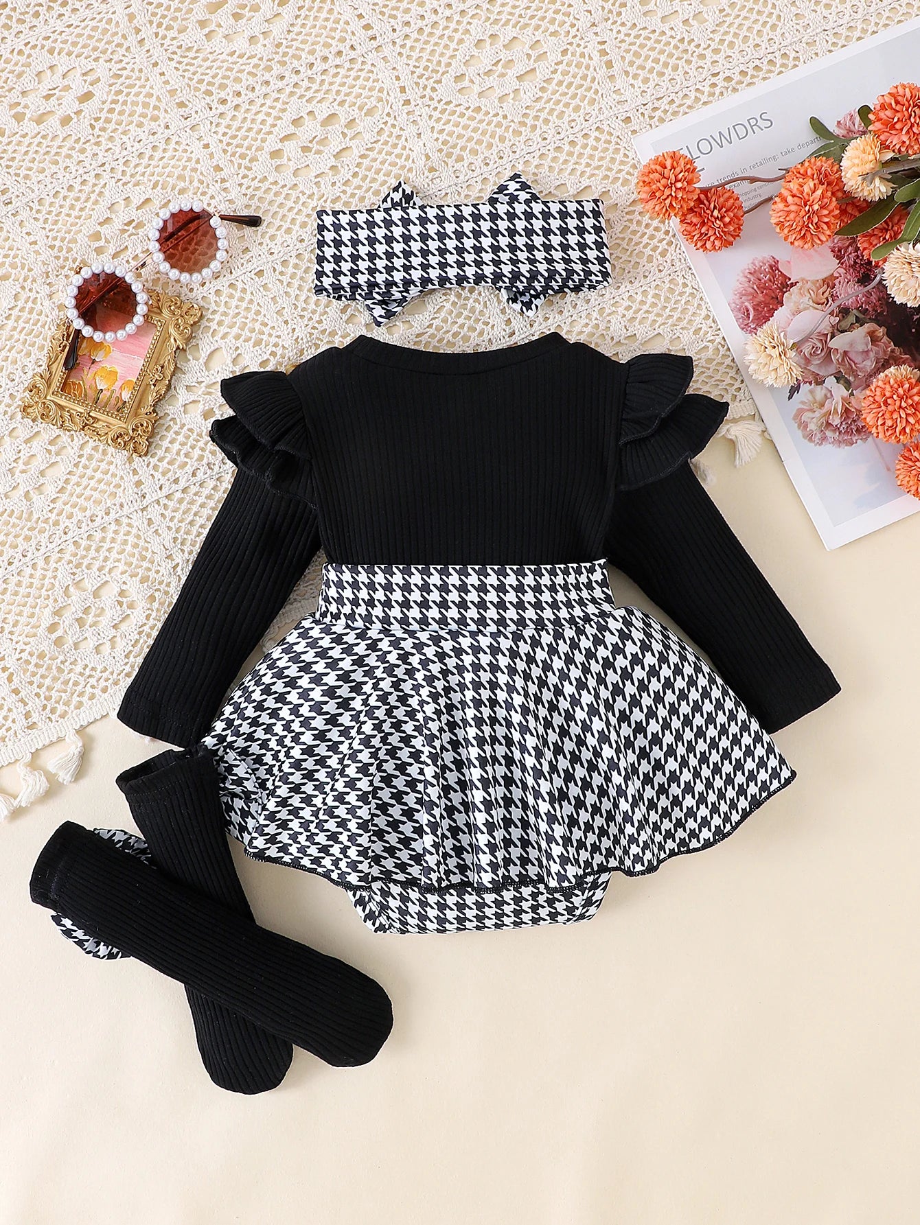 Baby Girl Romper Dress Set (Houndstooth) – 3 Pieces