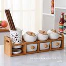 Condiment Organizer Set with Ceramic Jars & Wooden Rack