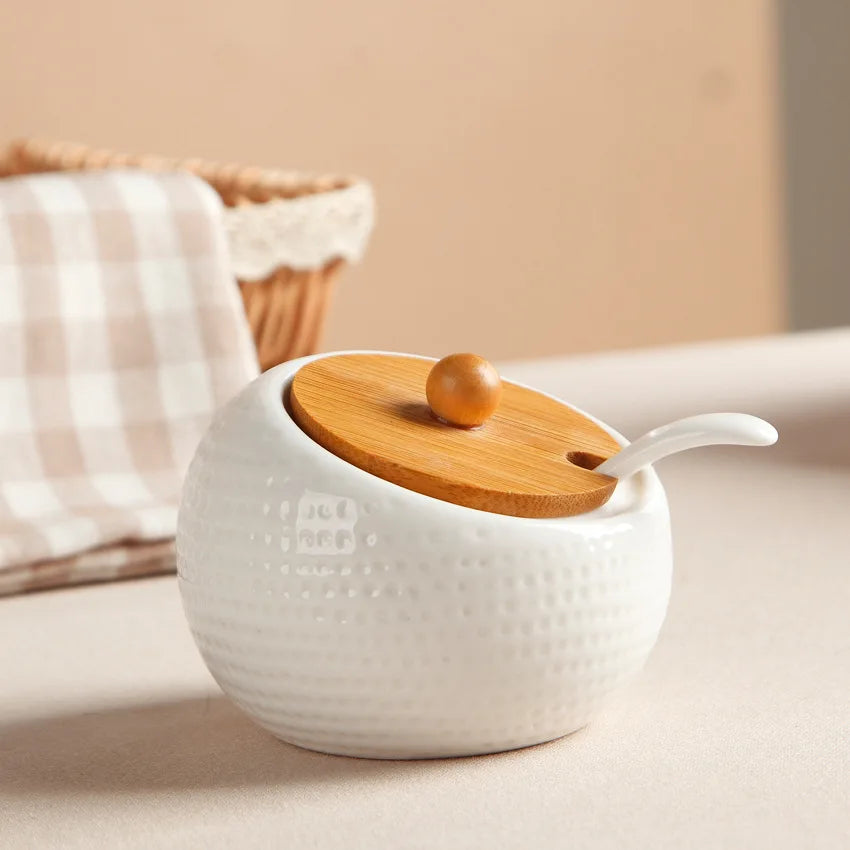 Condiment Organizer Set with Ceramic Jars & Wooden Rack