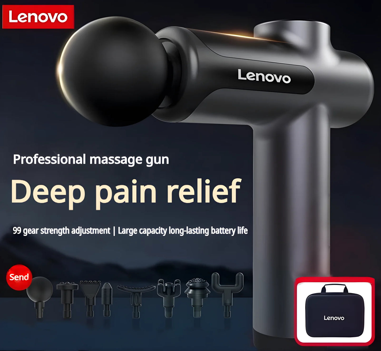 Pistola de Massagem Lenovo com Múltiplos Acessórios e Níveis de Intensidade