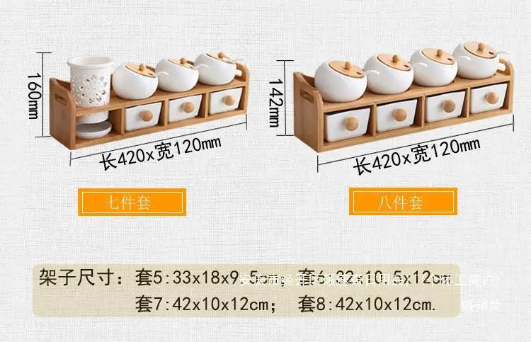 Condiment Organizer Set with Ceramic Jars & Wooden Rack