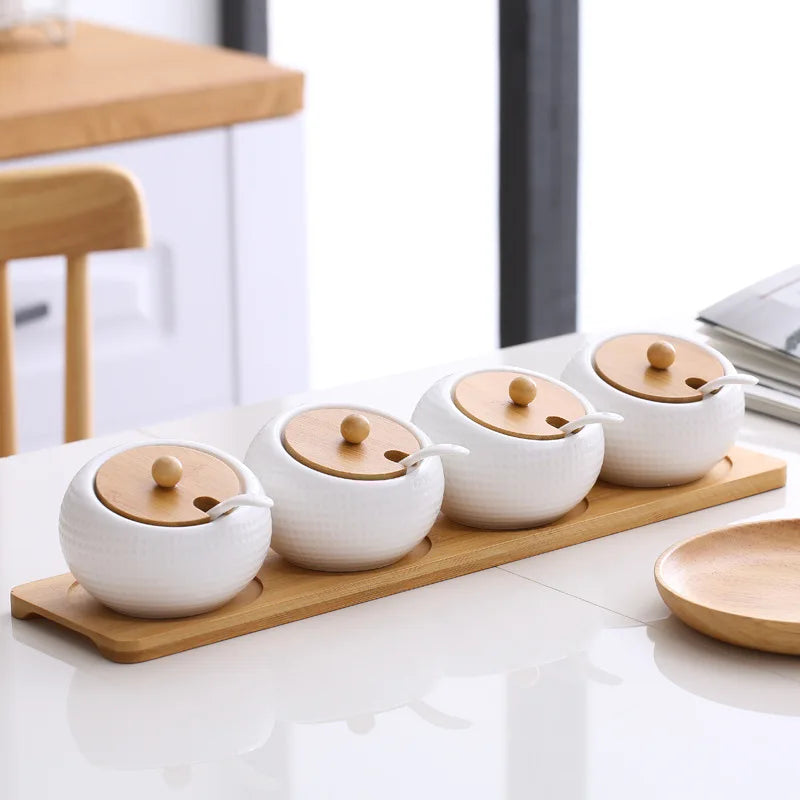 Condiment Organizer Set with Ceramic Jars & Wooden Rack